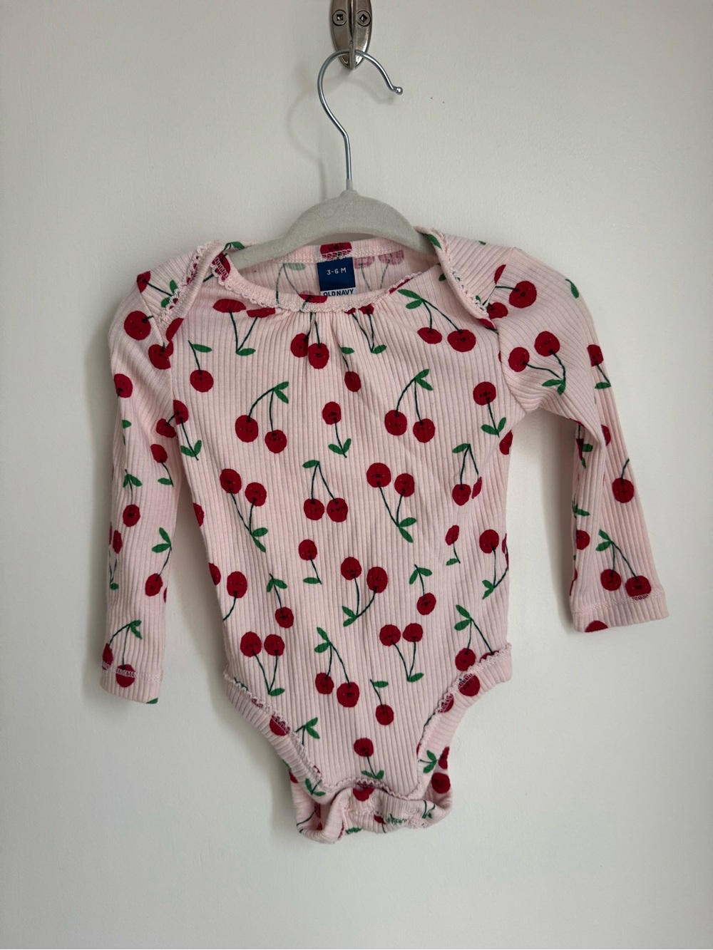 Old Navy Pink Ribbed Long-Sleeve Cherry Print One-Piece